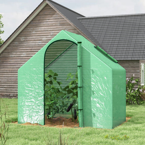 Green plastic outsunny walk in mini greenhouse with steel frame for extra stability housing eggplants and leafy plants