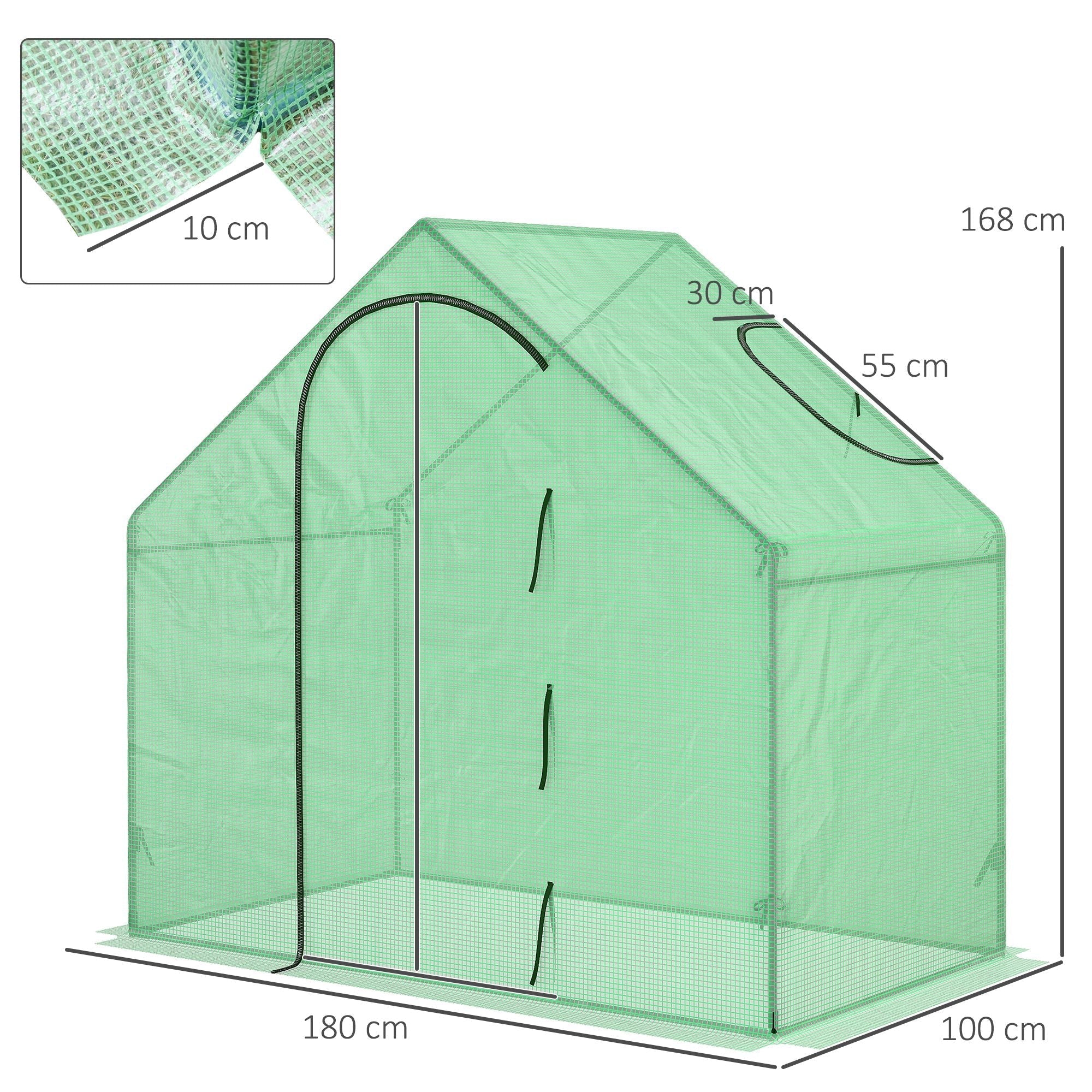 Green mesh greenhouse with steel frame and extra stability showing dimensions for outsunny walk in mini garden planter