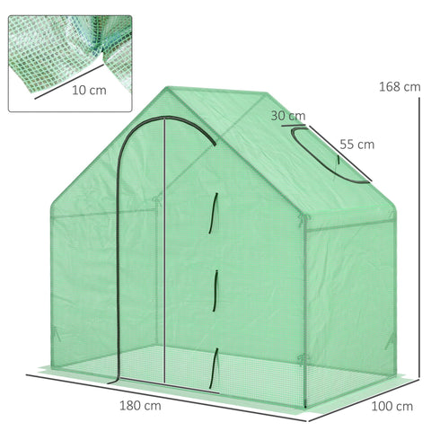 Green mesh greenhouse with steel frame and extra stability showing dimensions for outsunny walk in mini garden planter