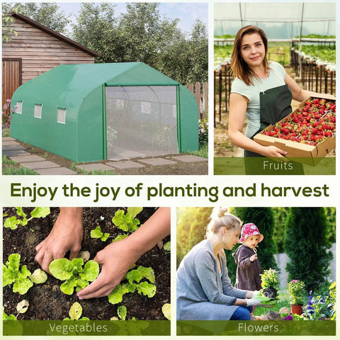 Green outsunny walk polytunnel greenhouse with transparent mesh windows and galvanized steel frame for outdoor gardening