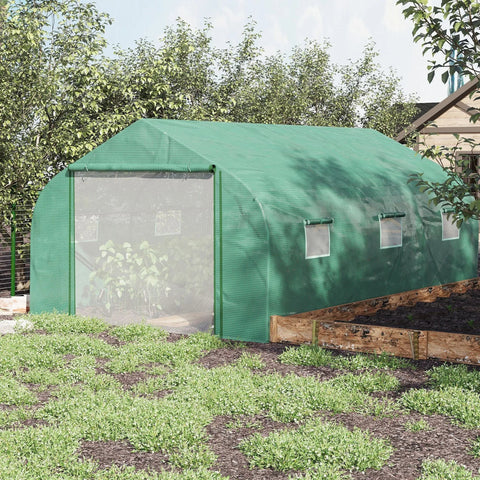 Green outsunny walk polytunnel greenhouse with steel frame mesh windows and wooden garden bed outdoors