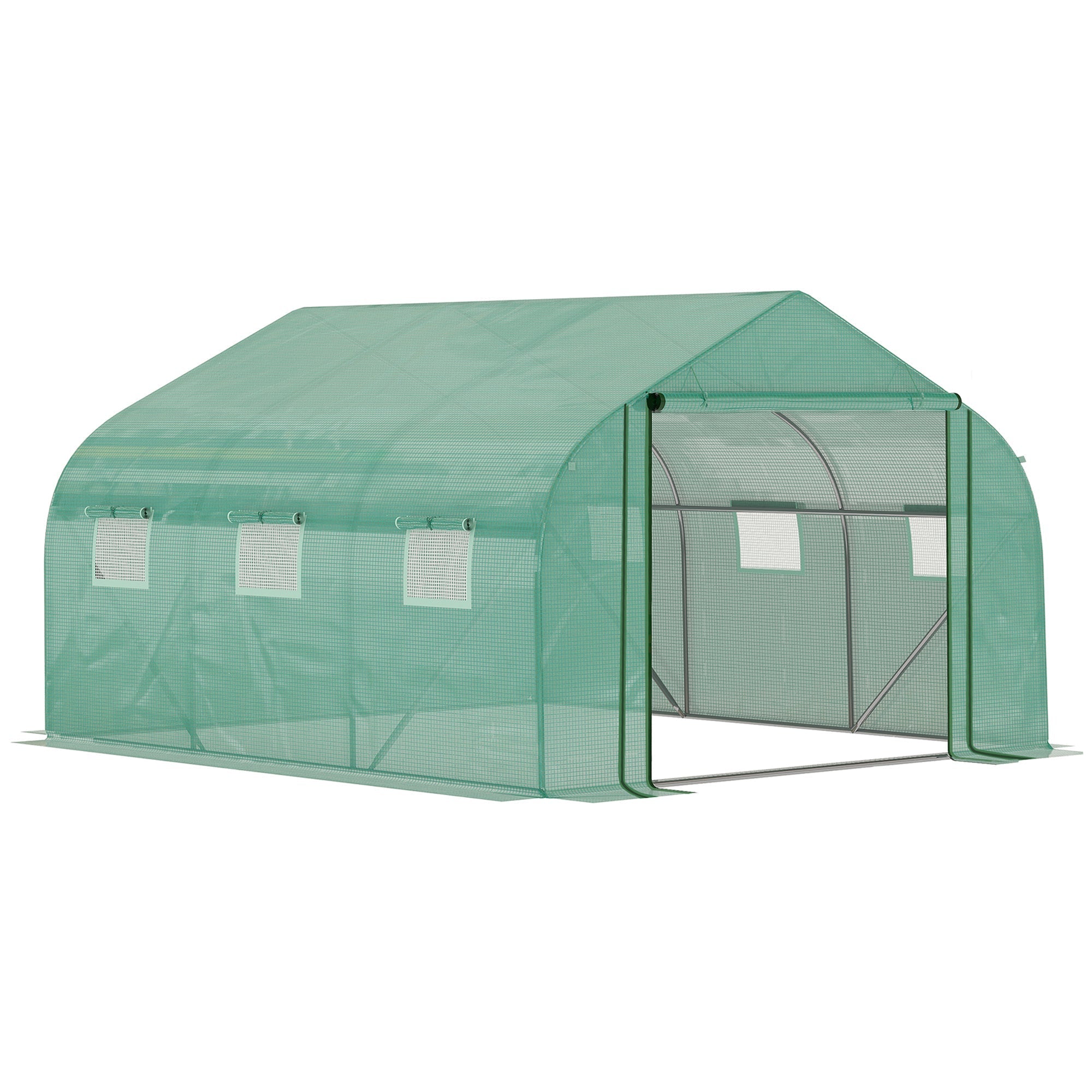 Outsunny walk polytunnel greenhouse with green mesh arched roof open front entrance and galvanized steel frame