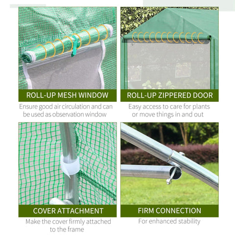 Green mesh roll-up window with yellow zipper and white trim on outsunny walk polytunnel greenhouse galvanized steel frame