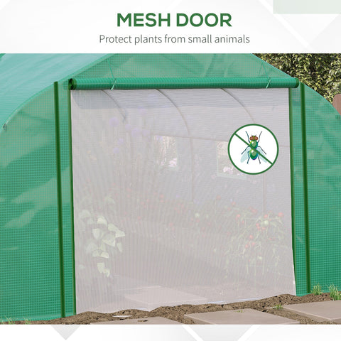 Green mesh door of outsunny walk-in polytunnel greenhouse with galvanized steel frame to protect plants from insects