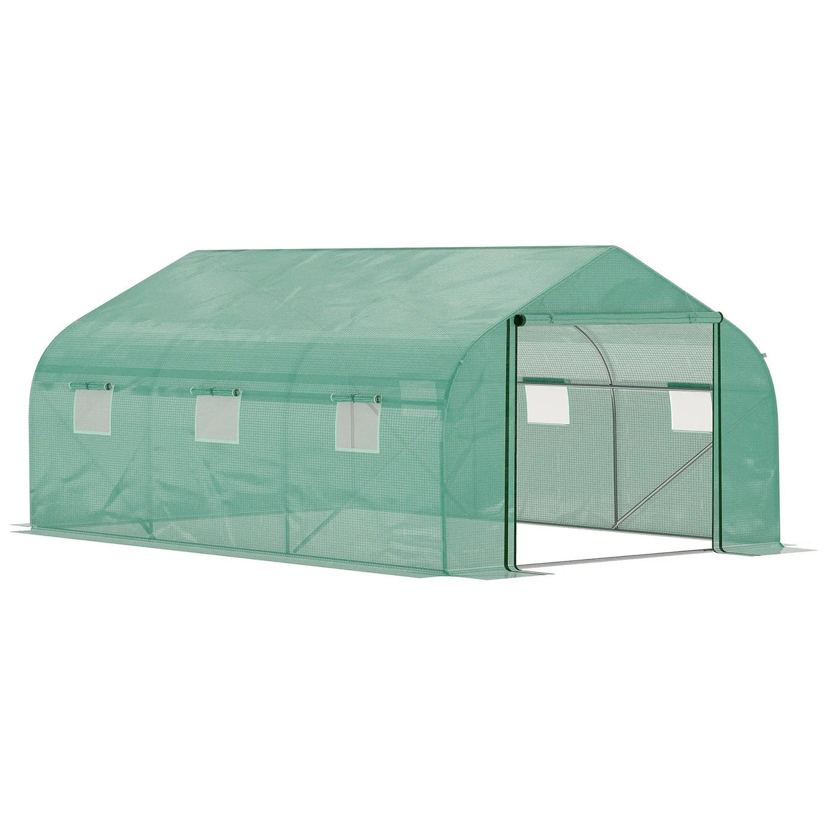 Outsunny walk polytunnel greenhouse with green steel frame, arched roof, mesh door, and transparent windows