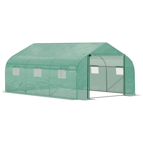 Outsunny walk polytunnel greenhouse with green steel frame, arched roof, mesh door, and transparent windows