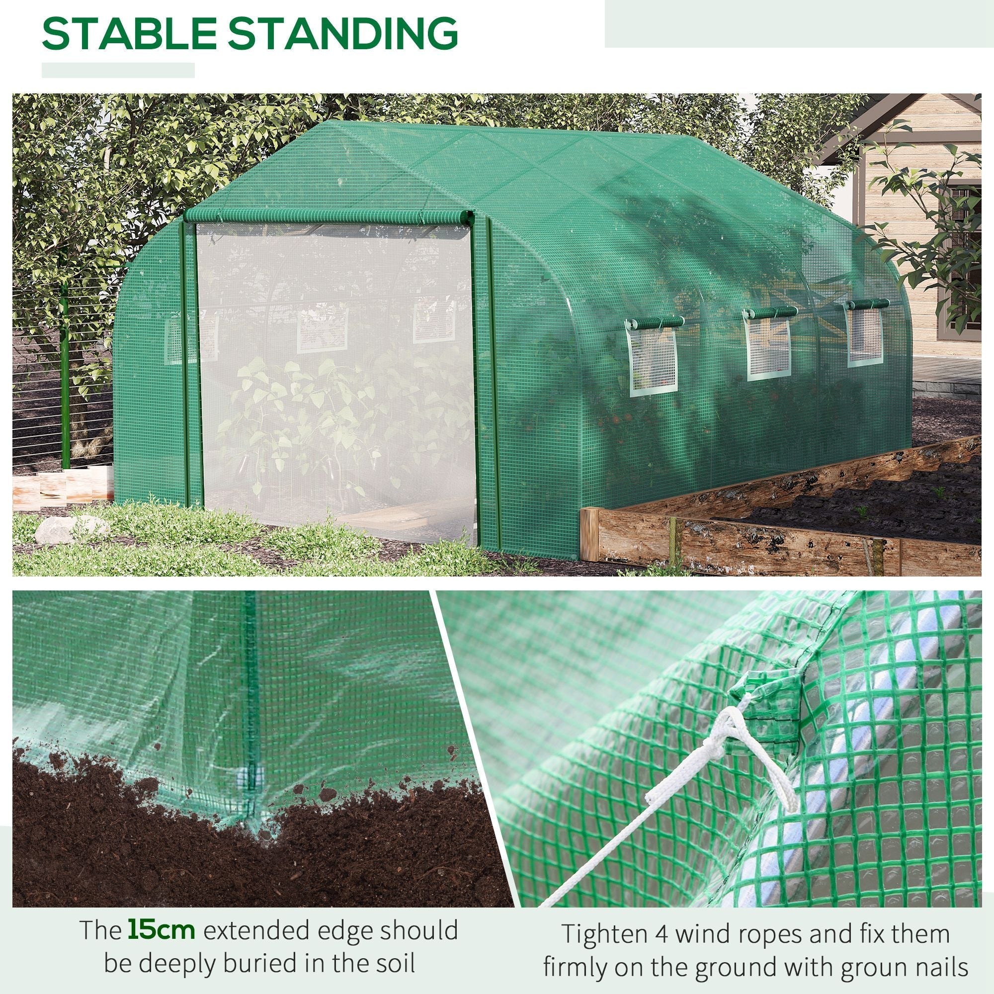 Green outsunny walk polytunnel greenhouse with steel frame mesh door transparent sides and six small windows
