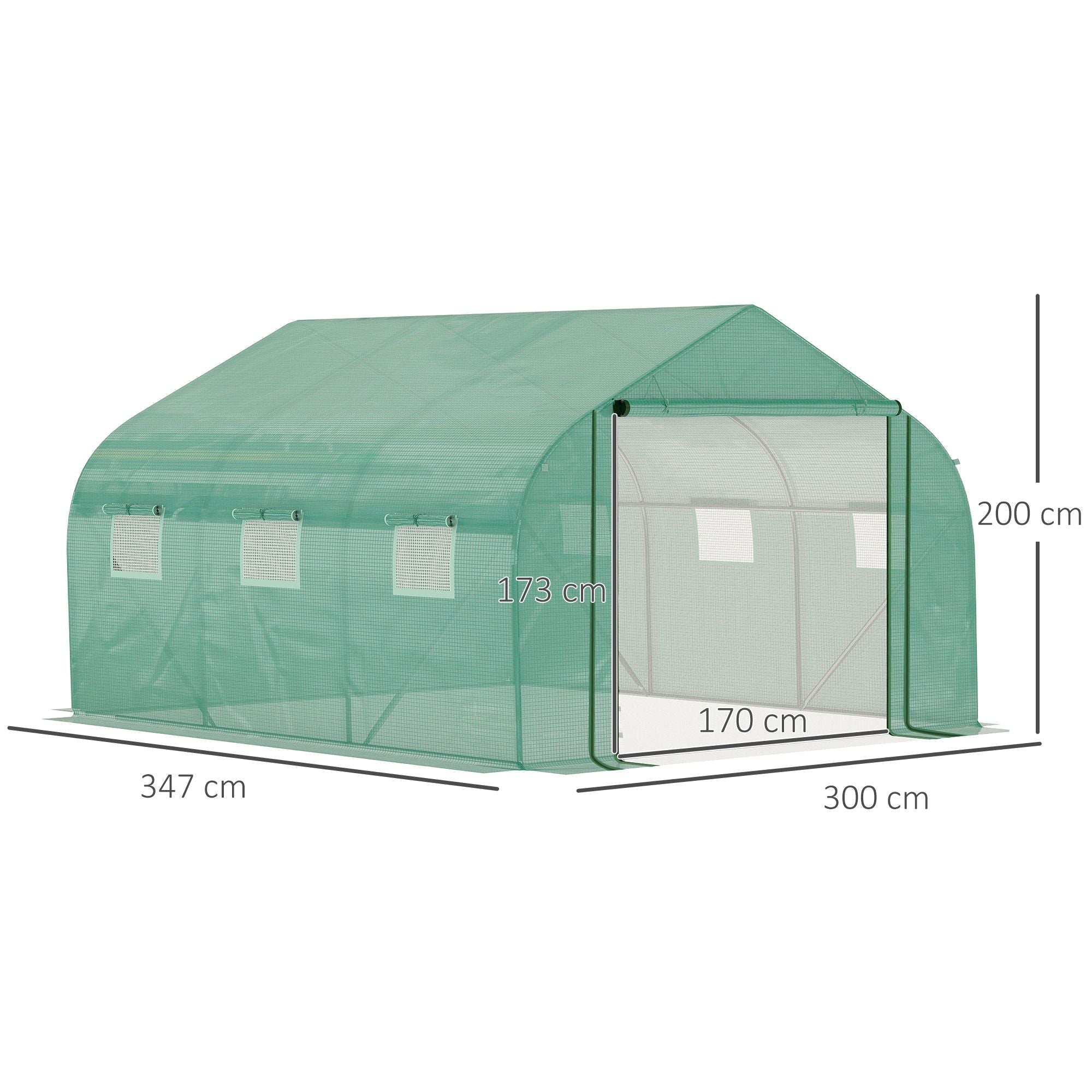 Outsunny walk green polytunnel greenhouse with green mesh, translucent roof, galvanized steel frame, and three side windows
