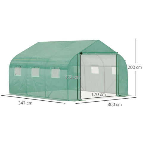 Outsunny walk green polytunnel greenhouse with green mesh, translucent roof, galvanized steel frame, and three side windows