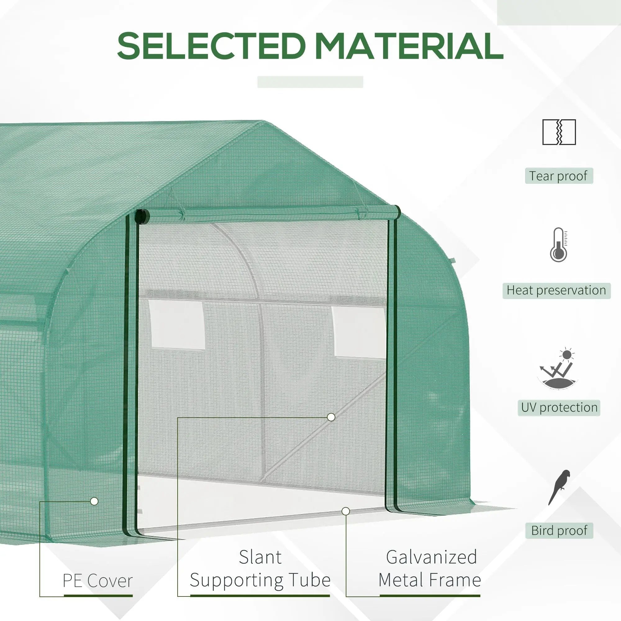 Green outsunny walk polytunnel greenhouse with pe cover steel frame and slant support tube for outdoor gardening
