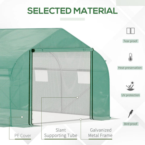 Green outsunny walk polytunnel greenhouse with pe cover steel frame and slant support tube for outdoor gardening