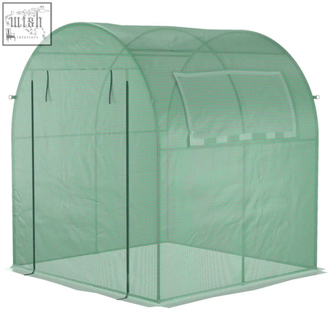 Outsunny walk in polytunnel greenhouse with translucent green fabric, steel frame, guy ropes, roll-up window, and easy access