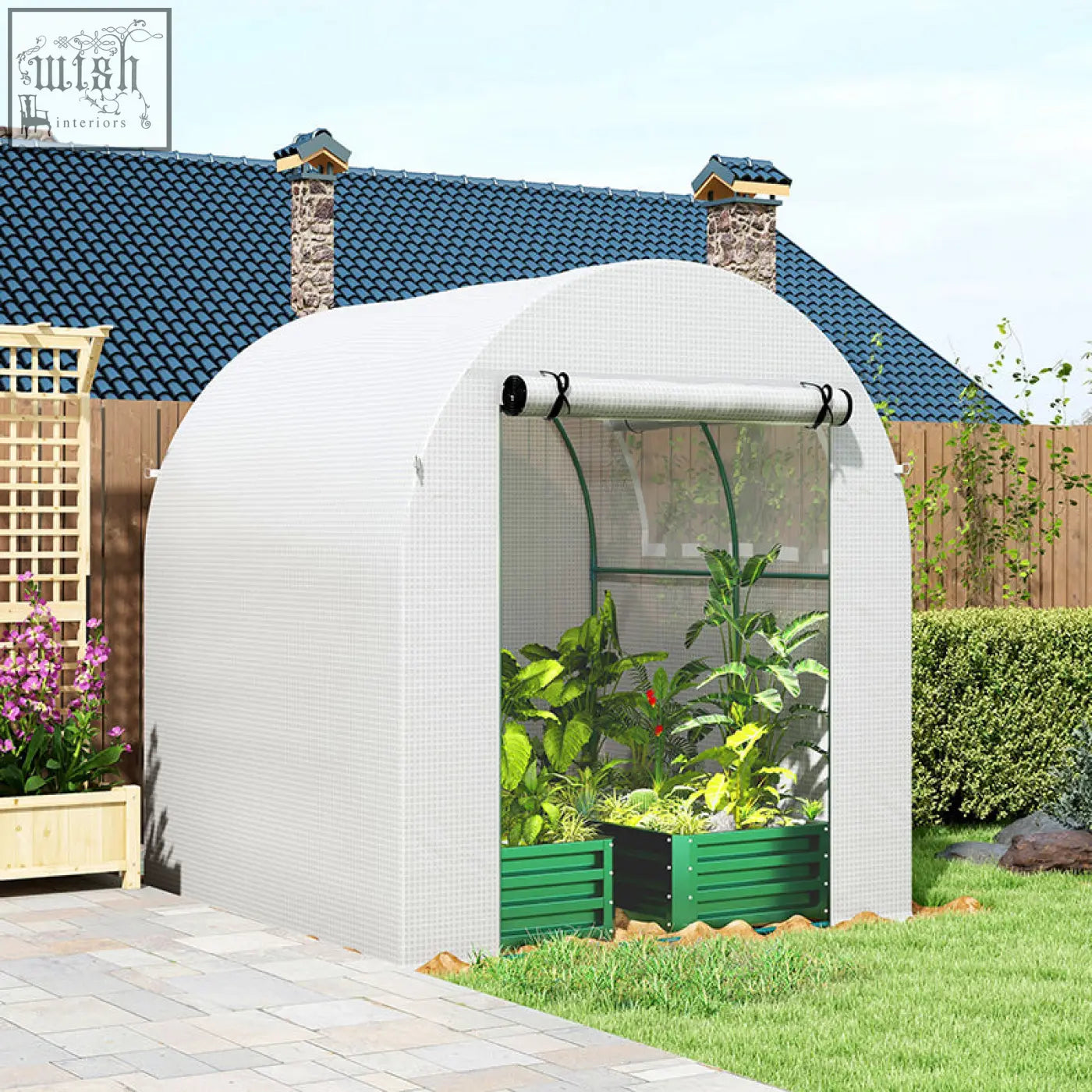White outsunny walk in polytunnel greenhouse with steel frame, clear plastic sides, green planters, and easy access door