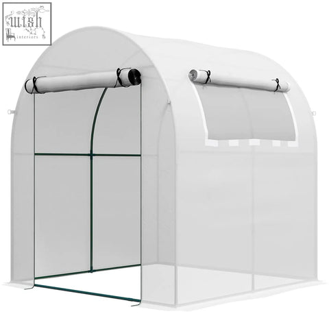White translucent fabric outsunny walk in polytunnel greenhouse with green steel frame and easy access roll-up panels