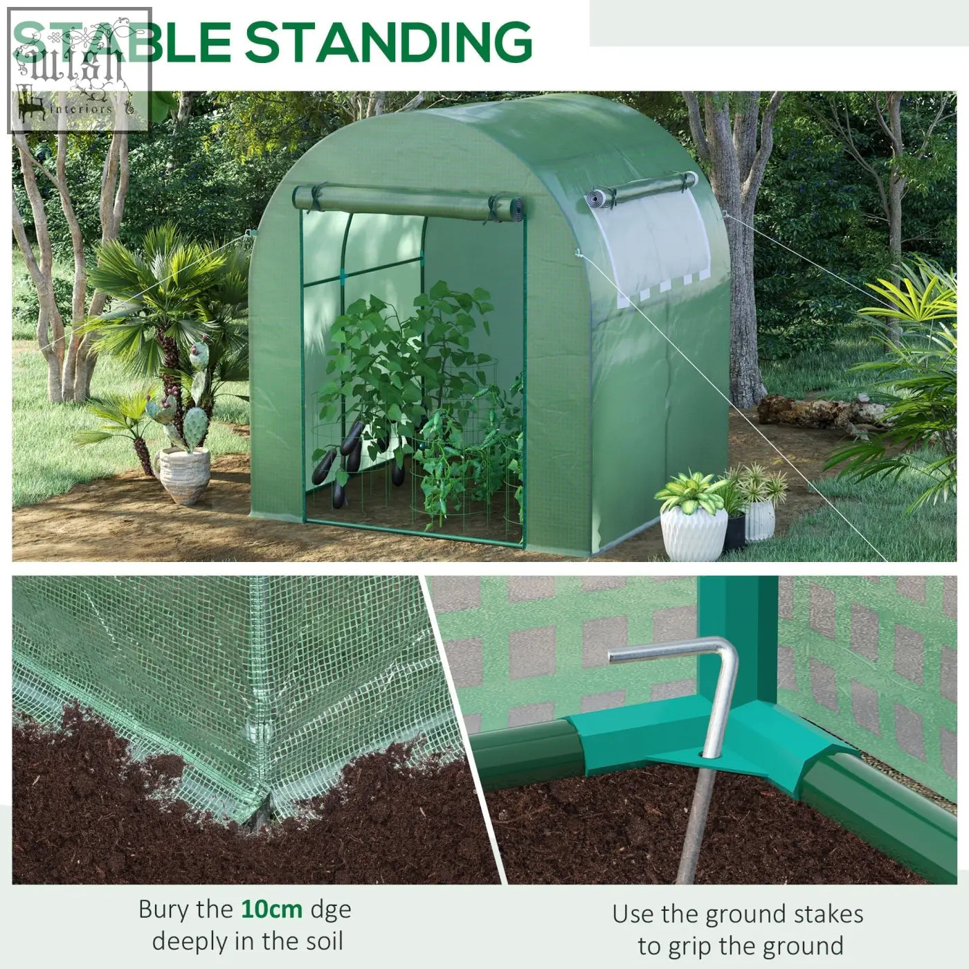 Green outsunny walk in polytunnel greenhouse with steel frame guy ropes mesh sides easy access door and roll up window