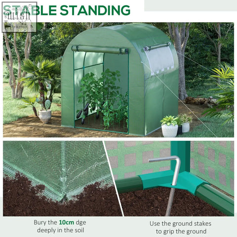 Green outsunny walk in polytunnel greenhouse with steel frame guy ropes mesh sides easy access door and roll up window