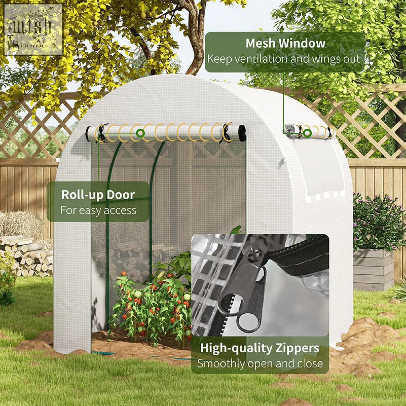 White outsunny walk in polytunnel greenhouse with steel frame mesh window and roll-up door for easy access