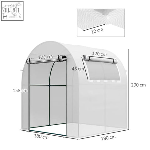 White fabric outsunny walk in polytunnel greenhouse with steel frame, guy ropes, and easy access roll-up side panel