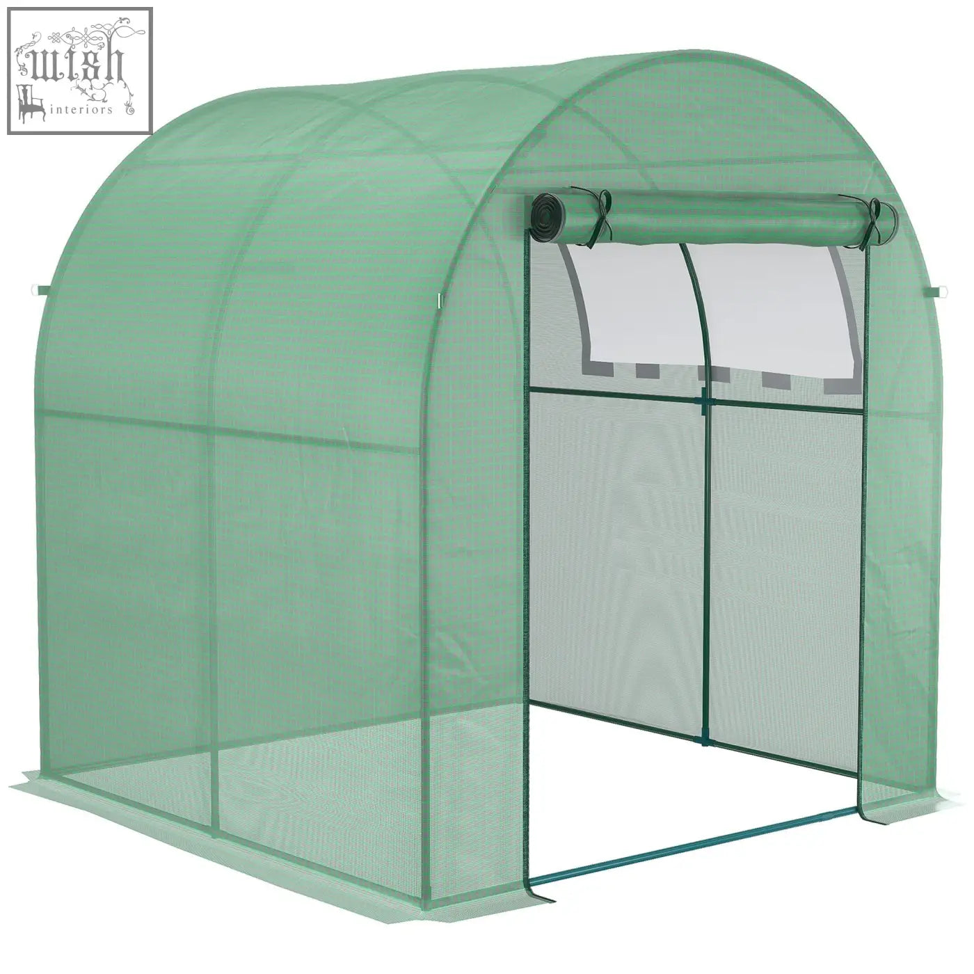 Green arched outsunny walk in polytunnel greenhouse with steel frame black doors mesh fabric and easy access
