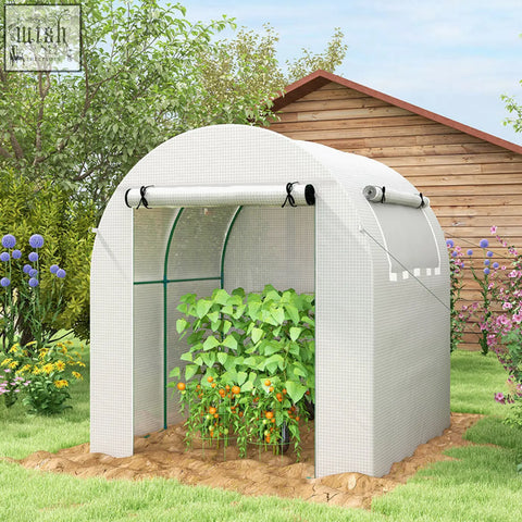 Outsunny walk in polytunnel greenhouse with white arched steel frame, mesh sides, guy ropes, and easy access door housing tomatoes