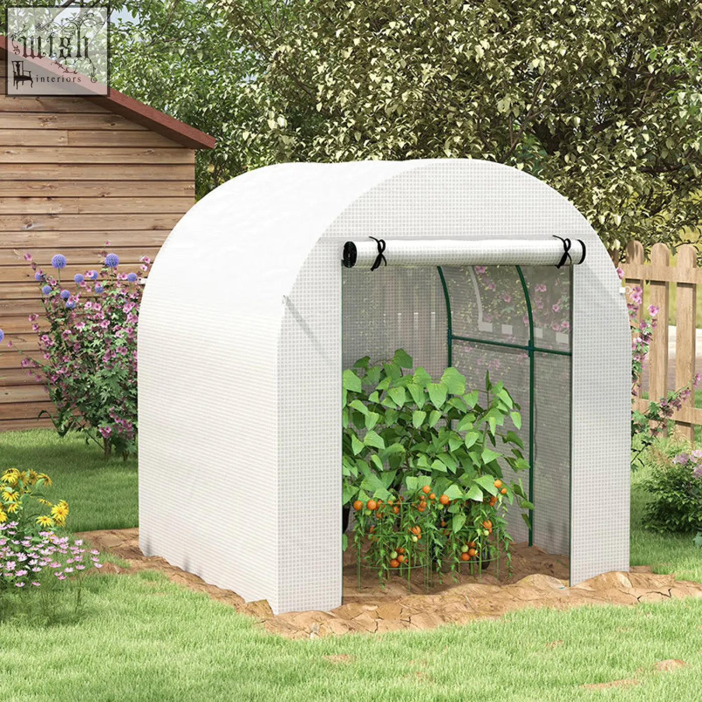 White outsunny walk in polytunnel greenhouse with green steel frame mesh sides guy ropes and easy access for tomatoes