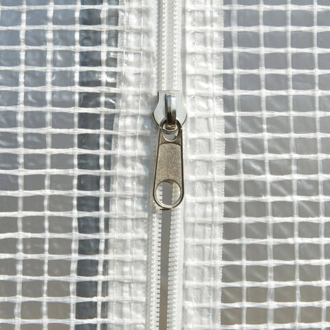 Silver-toned zipper with textured pull tab on easy access roll-up sidewall of white outsunny polytunnel greenhouse steel frame