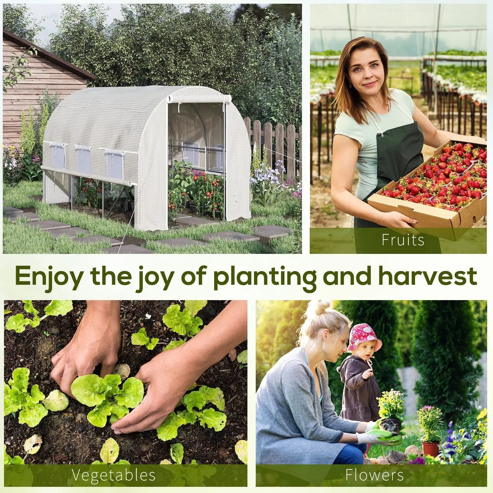 White outsunny walk-in polytunnel greenhouse with steel frame mesh sides and roll-up sidewalls for easy access