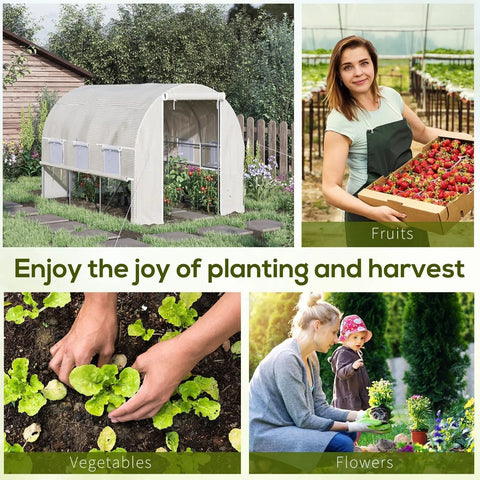 White outsunny walk-in polytunnel greenhouse with steel frame mesh sides and roll-up sidewalls for easy access