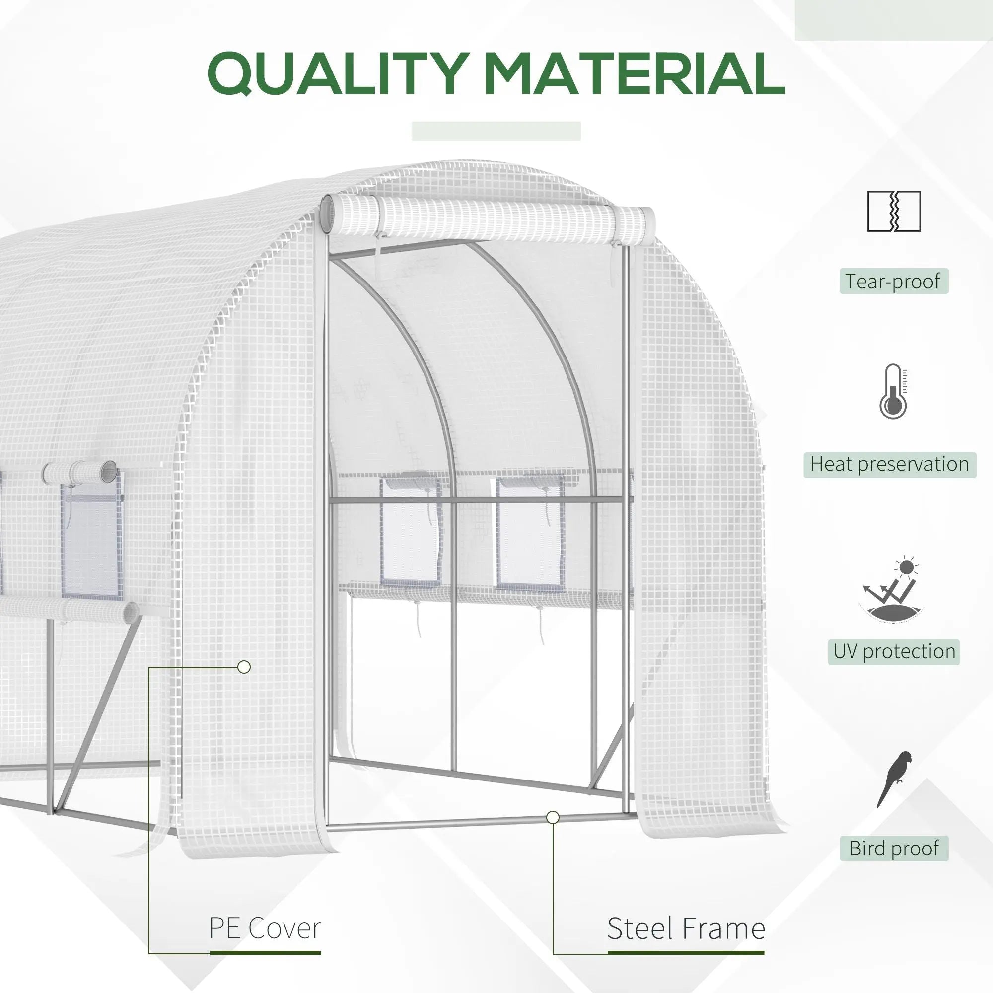 White uv-resistant pe cover with grid pattern for outsunny steel frame greenhouse with easy access roll-up sidewalls