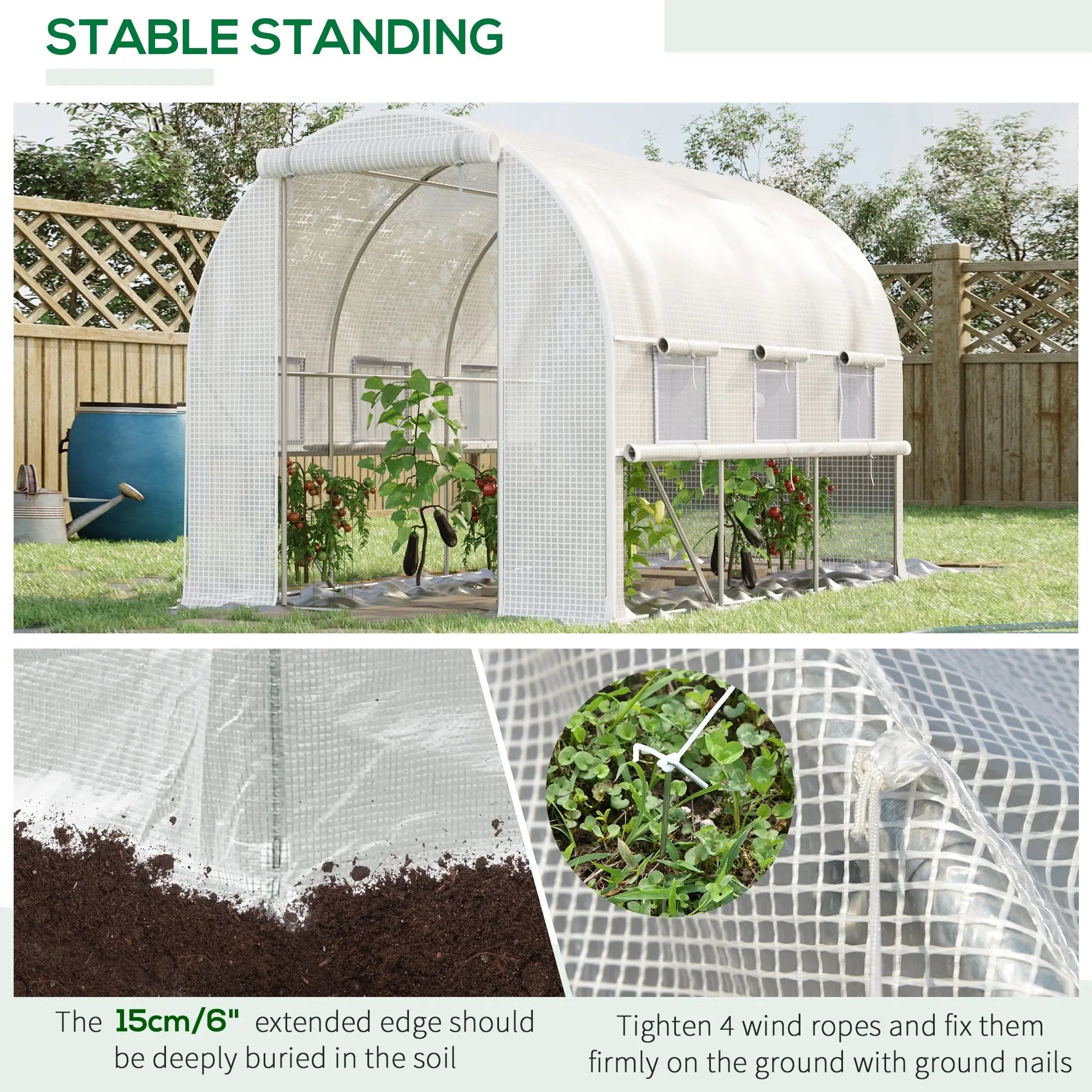 White mesh Outsunny walk-in polytunnel greenhouse with steel frame, guy ropes, and easy access roll-up sidewalls