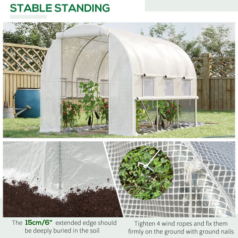 White mesh Outsunny walk-in polytunnel greenhouse with steel frame, guy ropes, and easy access roll-up sidewalls