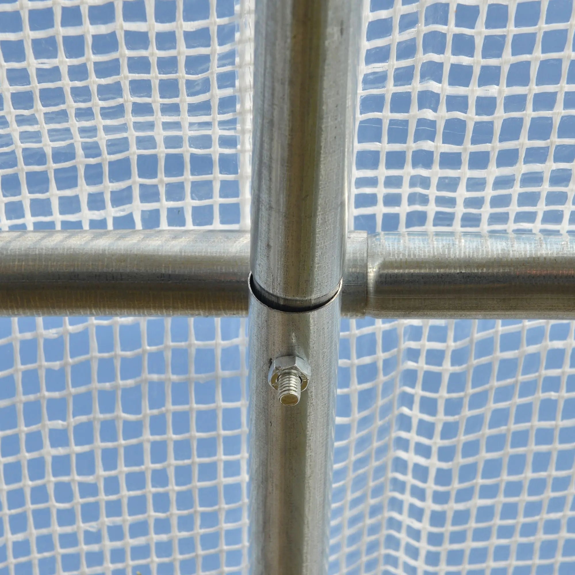 Silver steel frame joint with bolt securing bars on outsunny walk-in polytunnel greenhouse for easy access and guy ropes