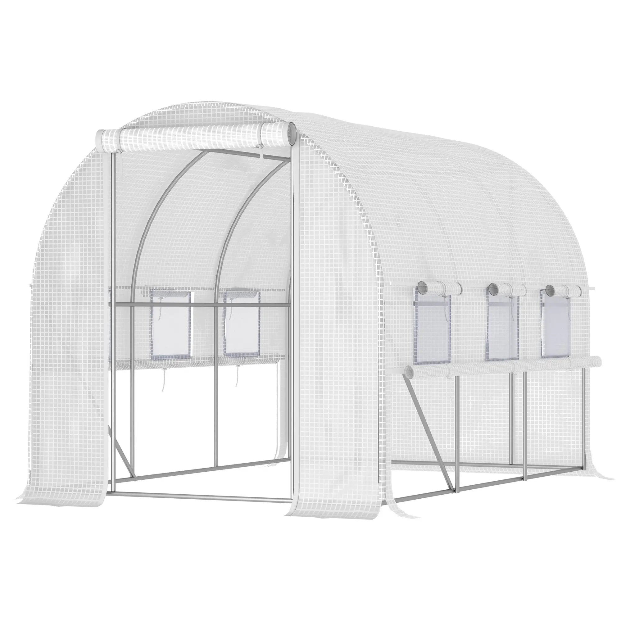 White mesh outsunny walk-in polytunnel greenhouse with steel frame, roll-up sidewalls, guy ropes, and easy access
