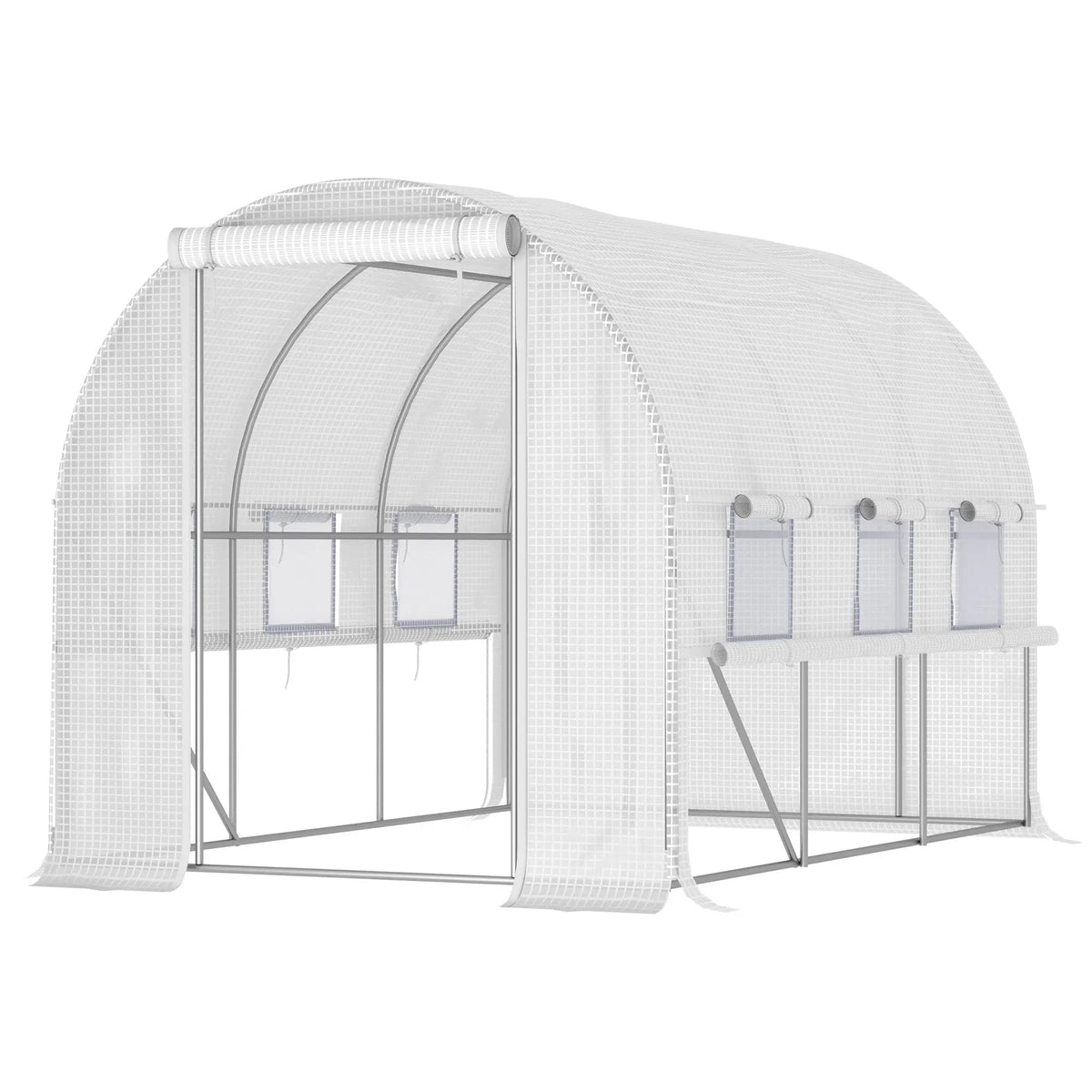 White mesh outsunny walk-in polytunnel greenhouse with steel frame, roll-up sidewalls, guy ropes, and easy access