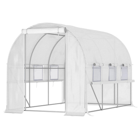 White mesh outsunny walk-in polytunnel greenhouse with steel frame, roll-up sidewalls, guy ropes, and easy access