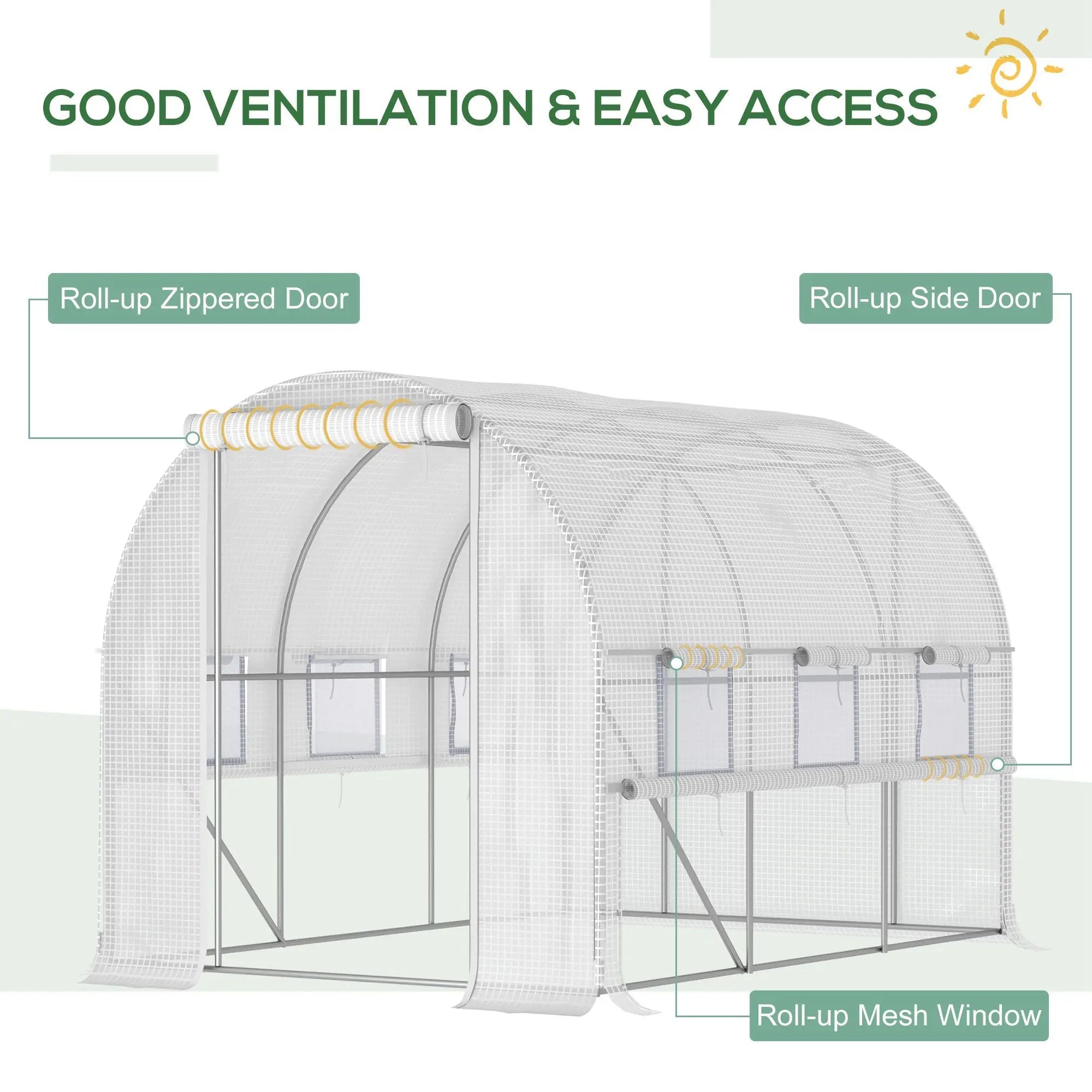 White mesh Outsunny walk-in polytunnel greenhouse with steel frame, roll-up doors, UV-resistant cover, and easy access