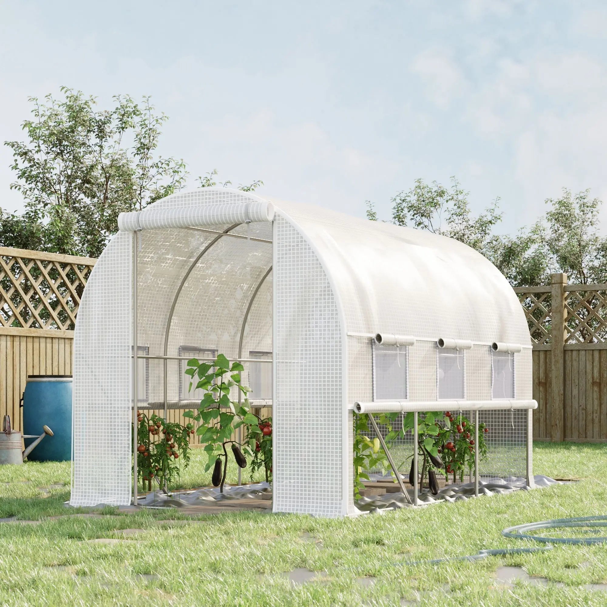 White outsunny walk-in polytunnel greenhouse with steel frame mesh sides roll-up sidewalls and easy access