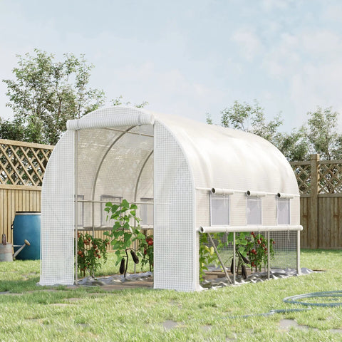 White outsunny walk-in polytunnel greenhouse with steel frame mesh sides roll-up sidewalls and easy access