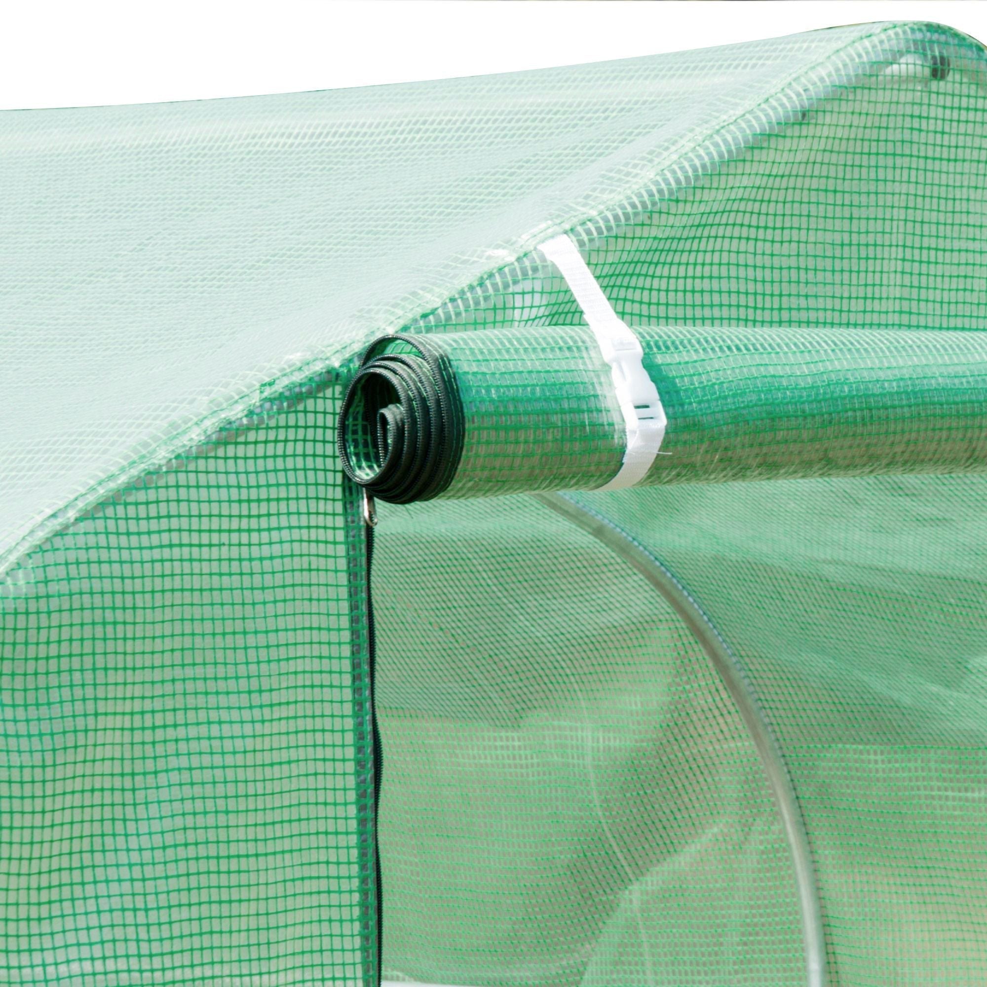 Outsunny walk-in polytunnel greenhouse with green mesh cover secured by white tie on galvanised steel frame with guy ropes