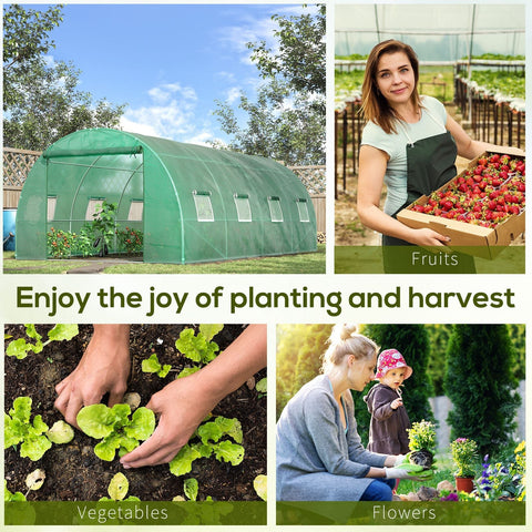 Green mesh walk-in polytunnel greenhouse with galvanised steel frame, zipped roll-up door, guy ropes, and ground stakes