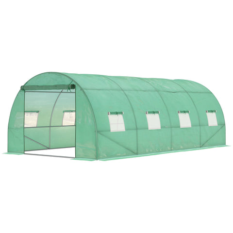 Outsunny walk-in polytunnel greenhouse with green mesh, arched roof, galvanized steel frame, guy ropes, and ground stakes