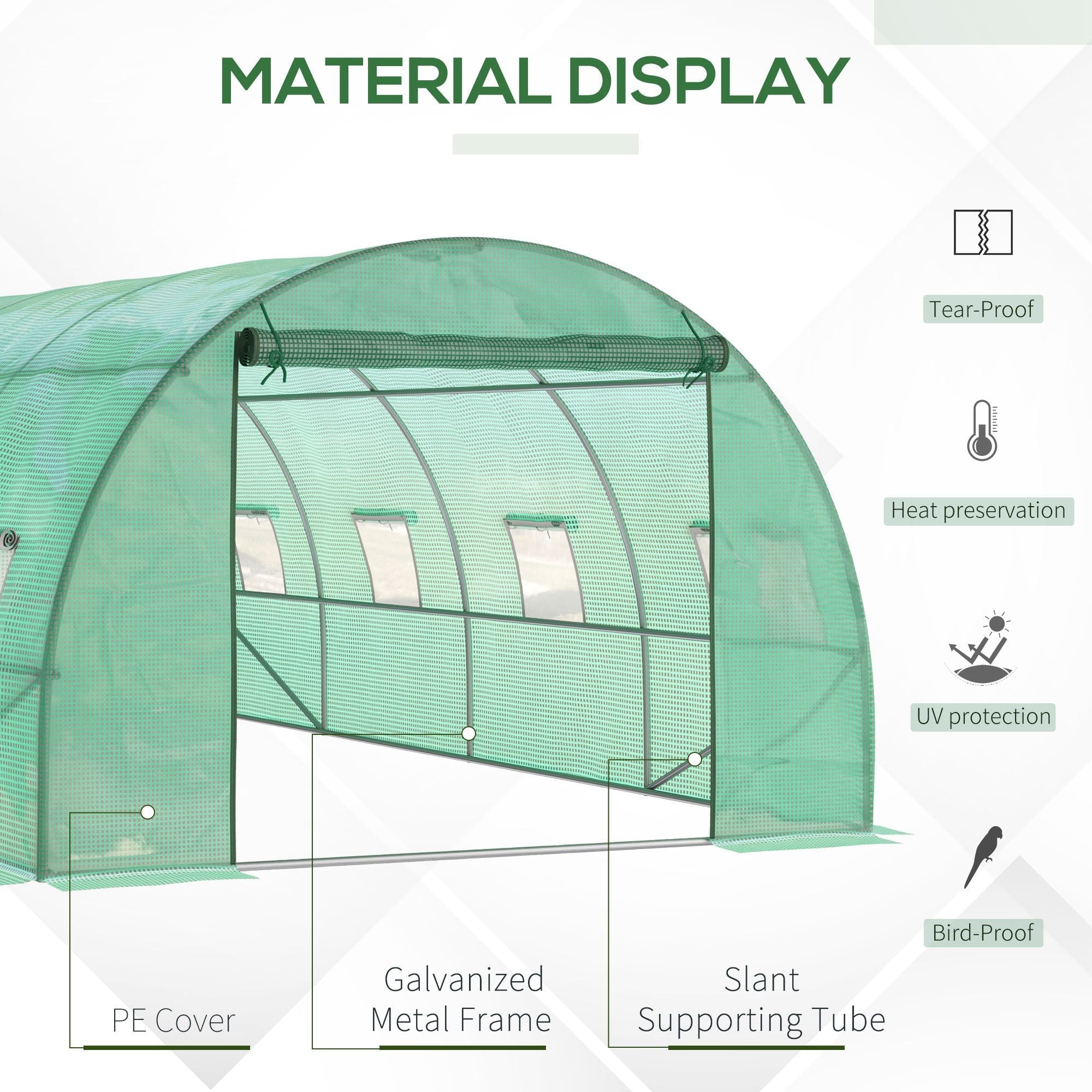 Outsunny walk-in polytunnel greenhouse with green pe cover, galvanised steel frame, guy ropes, and ground stakes for outdoor garden use