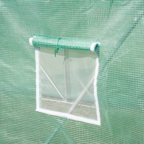 Outsunny walk-in polytunnel greenhouse in green mesh with white framed roll-up window galvanised steel frame guy ropes and ground stakes