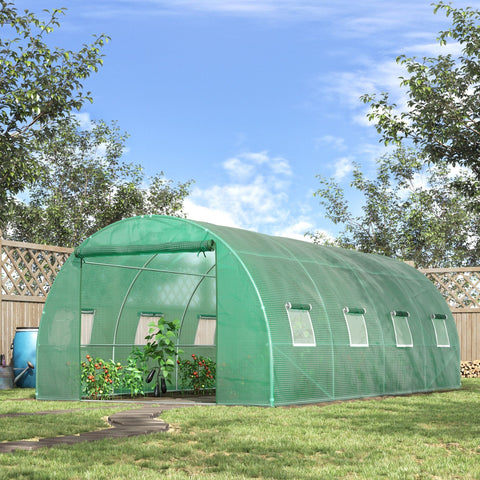 Green mesh outsunny walk-in polytunnel greenhouse with galvanised steel frame, guy ropes, ground stakes, and zip door