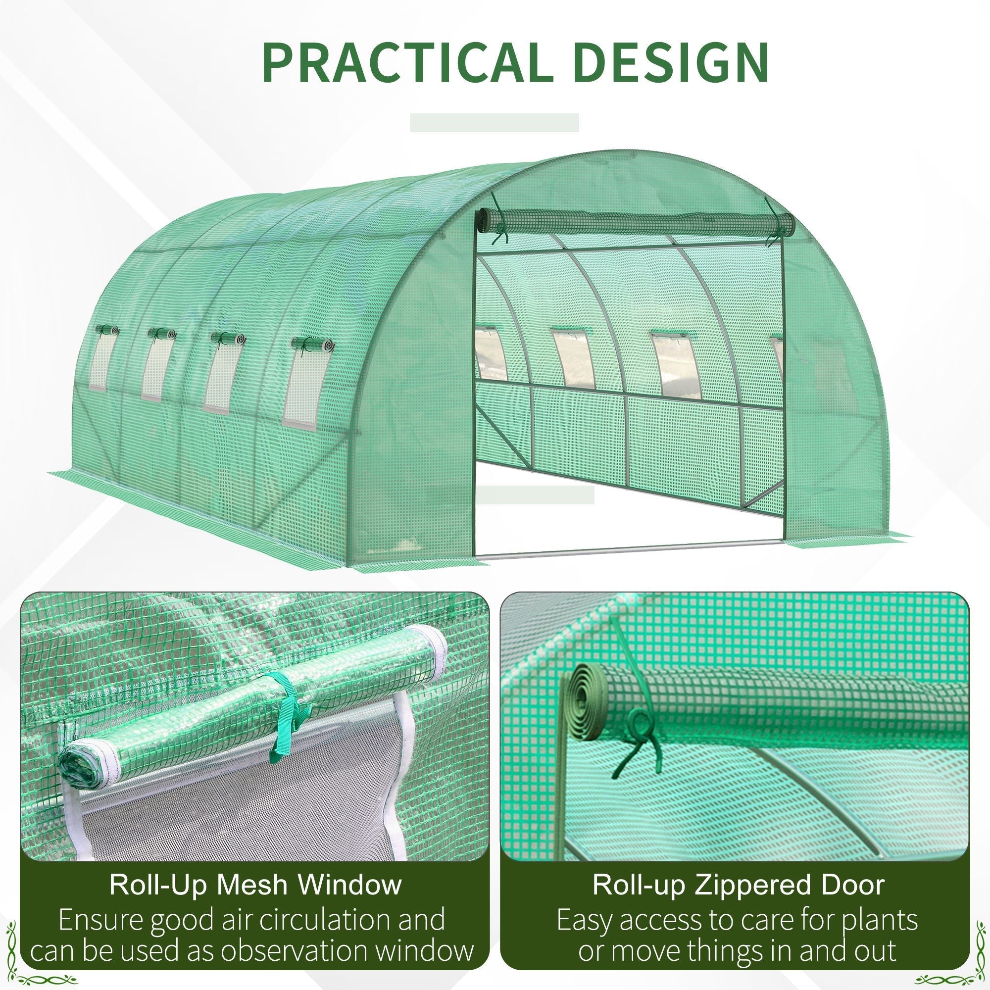 Outsunny walk-in polytunnel greenhouse in green mesh with galvanised steel frame guy ropes and ground stakes visible