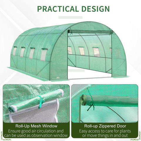 Outsunny walk-in polytunnel greenhouse in green mesh with galvanised steel frame guy ropes and ground stakes visible