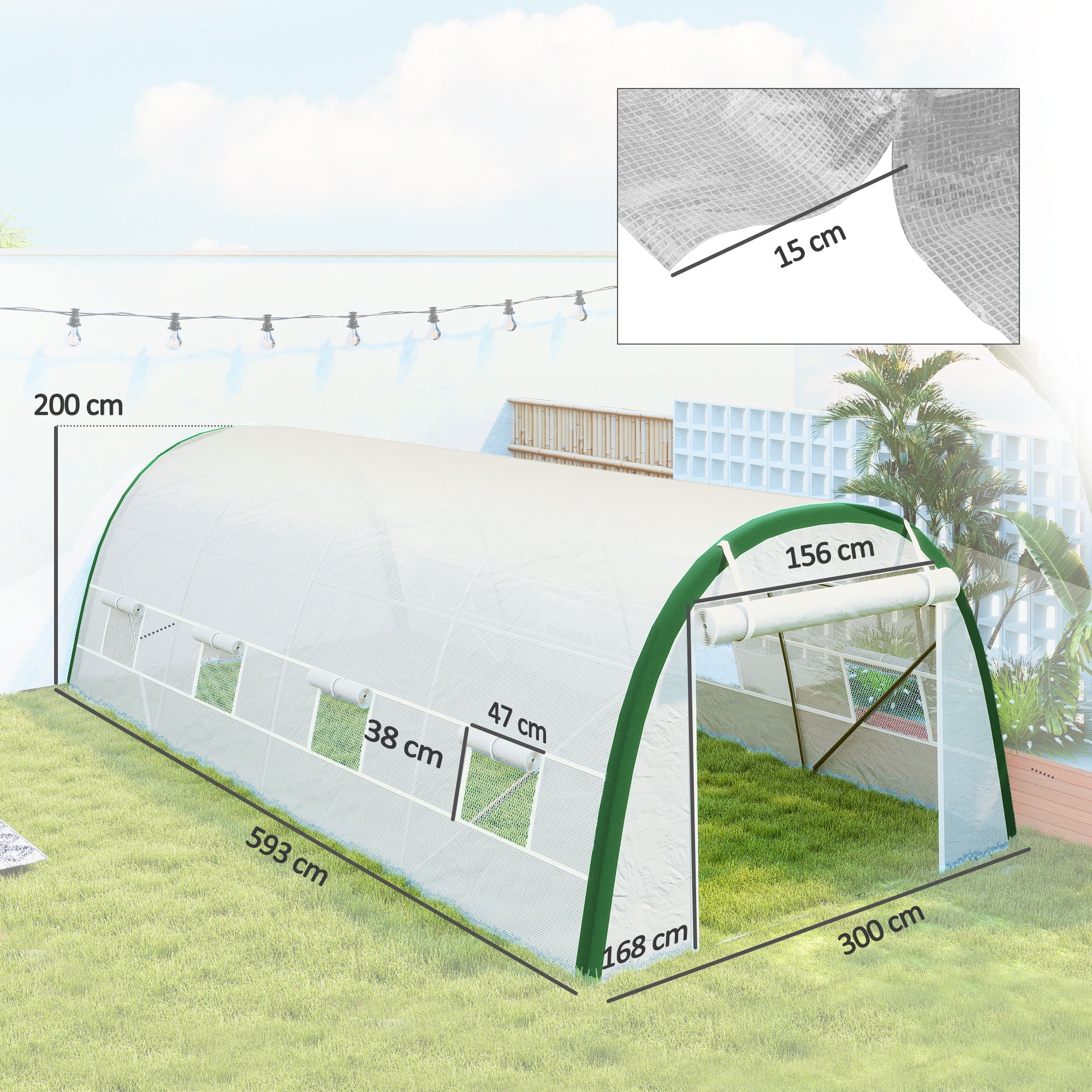 Outsunny walk-in polytunnel greenhouse with green galvanised steel frame white mesh cover and roll-up door