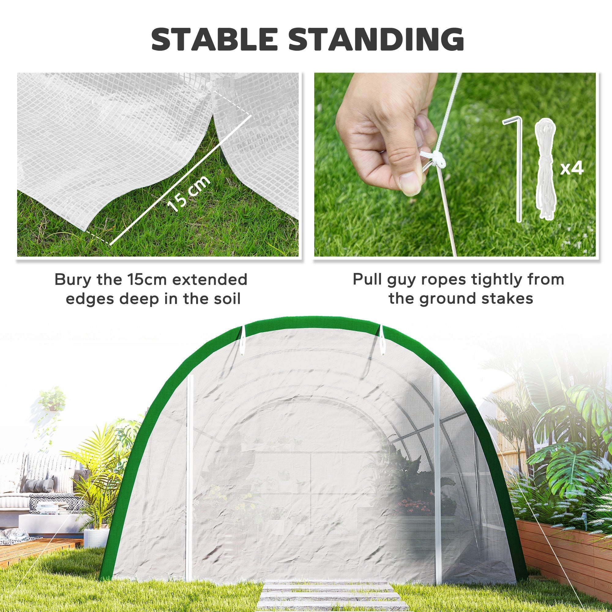 Green framed walk-in polytunnel greenhouse tunnel with galvanised steel frame and white mesh cover for garden use