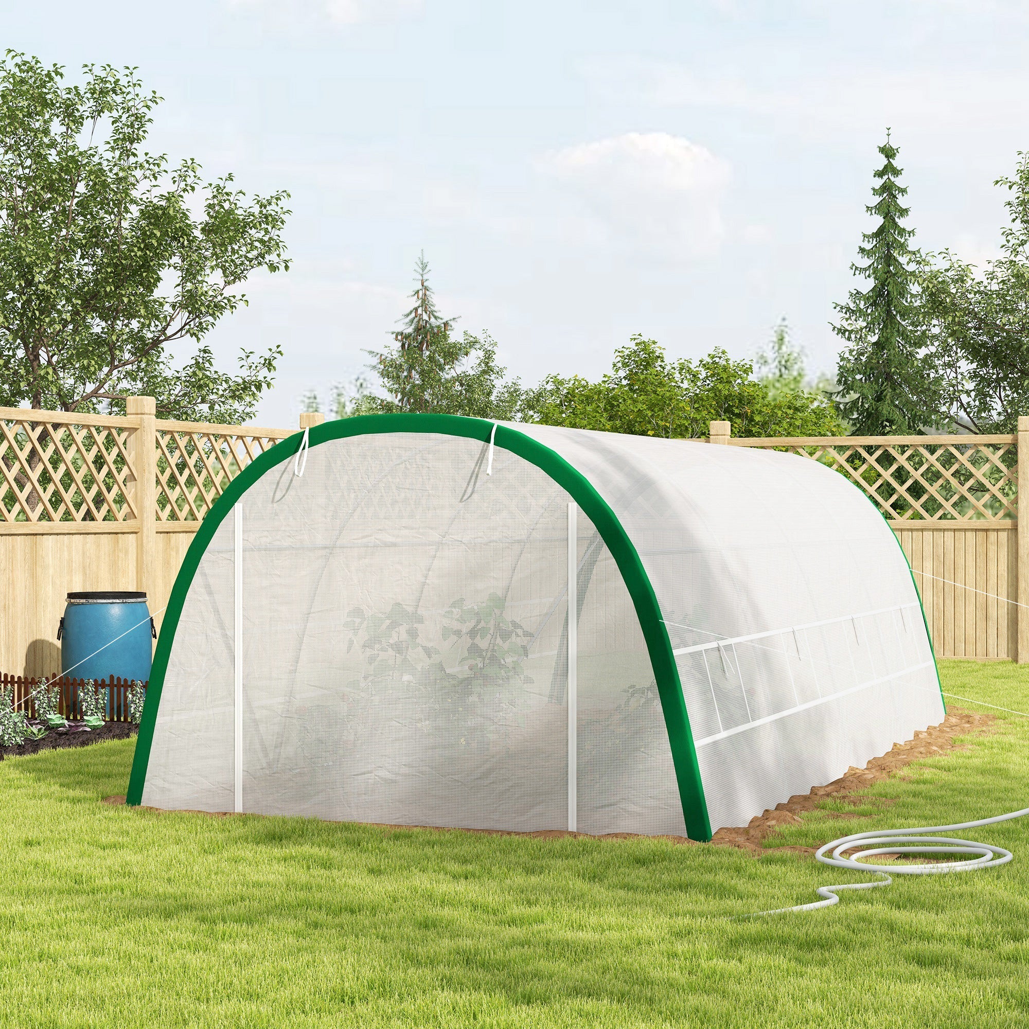 Green framed outsunny walk-in polytunnel greenhouse with galvanised steel frame mesh sides and zipped doors 6 x 3 m