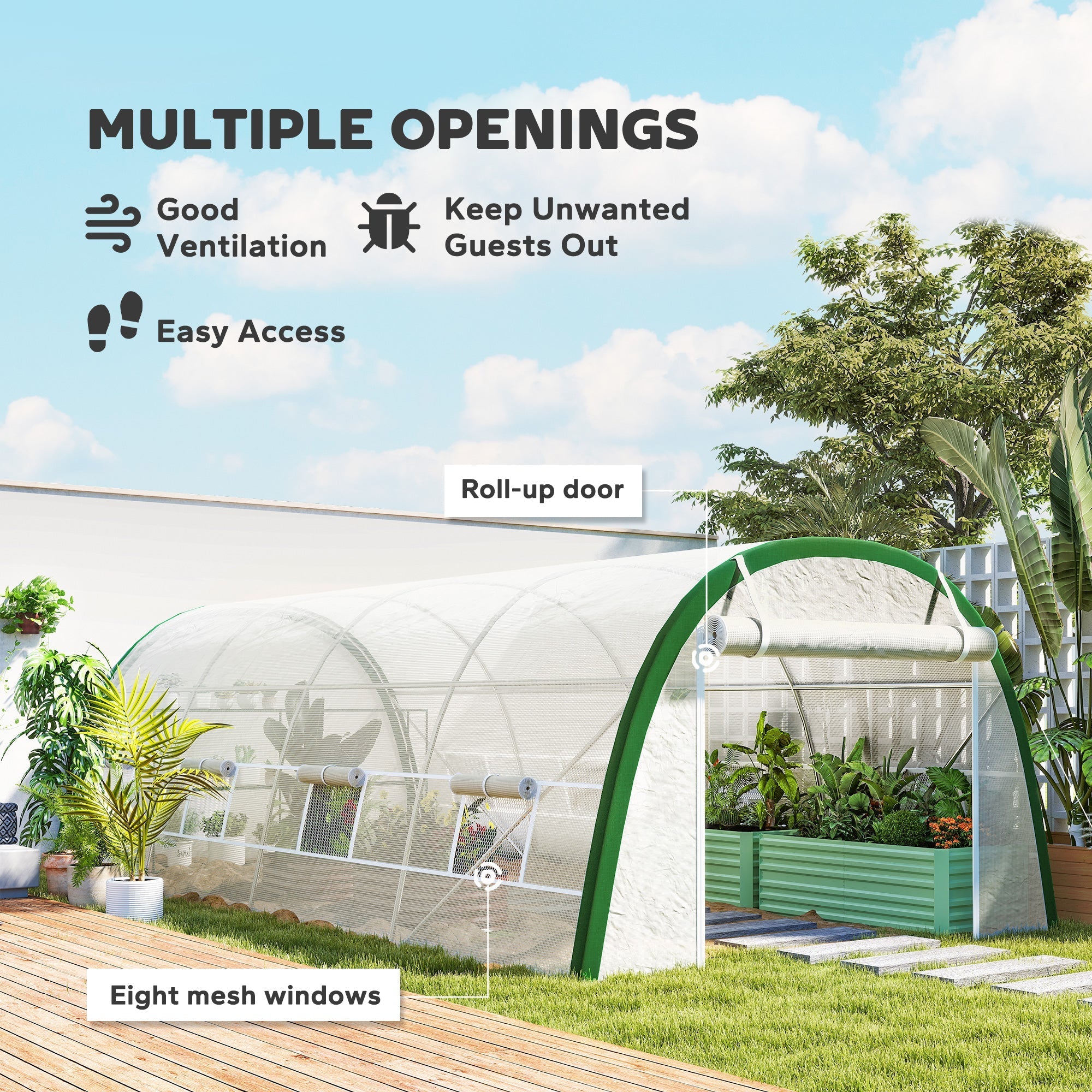 Green-framed outsunny walk-in polytunnel greenhouse with galvanised steel frame 8 mesh windows and roll-up door